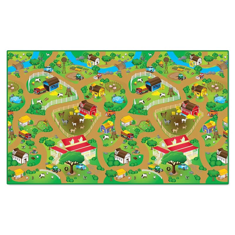 Colorful farm-themed play mat for interactive and imaginative play in a childs room.