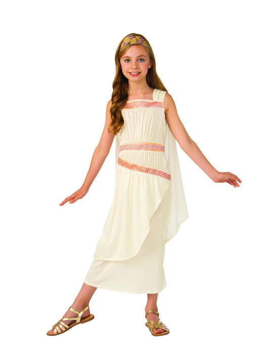 Roman girl costume dress with headpiece for kids historical role-play at home.