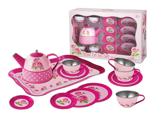 15-piece charming rose tin tea set for pretend play, ideal for childrens tea parties.