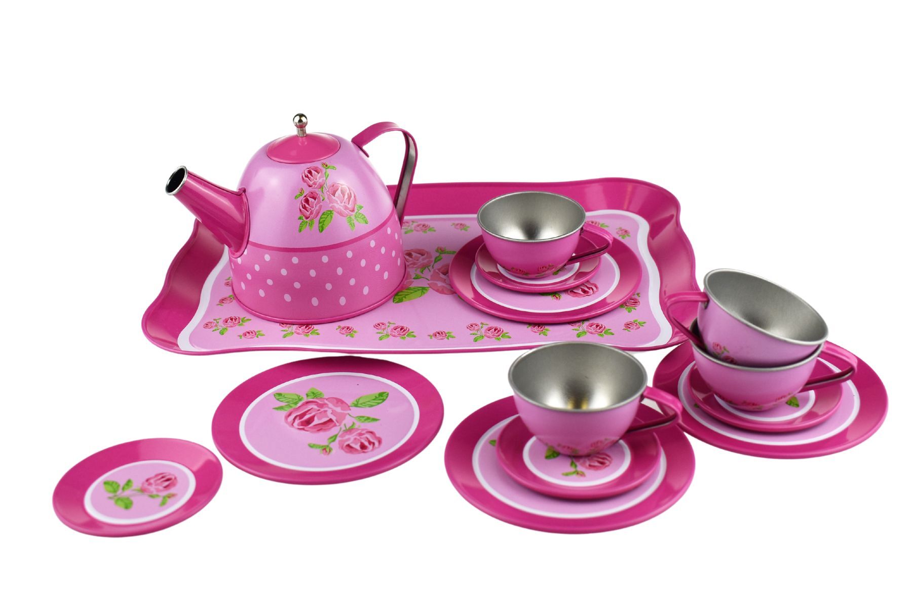 Rose Tin Tea Set 15Pcs | Delightful toy tea set for kids imaginative play at home.