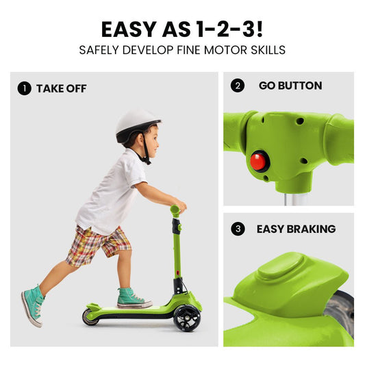 Rovo Triscoot Kids Electric Scooter in green color, perfect for backyard fun and playtime.
