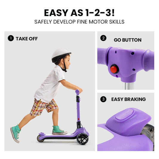 Child-friendly 3-wheel electric scooter in vibrant purple color for safe and fun home rides.