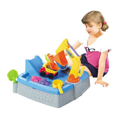 Colorful sandbox playset with slide and cover for hours of backyard fun for kids.