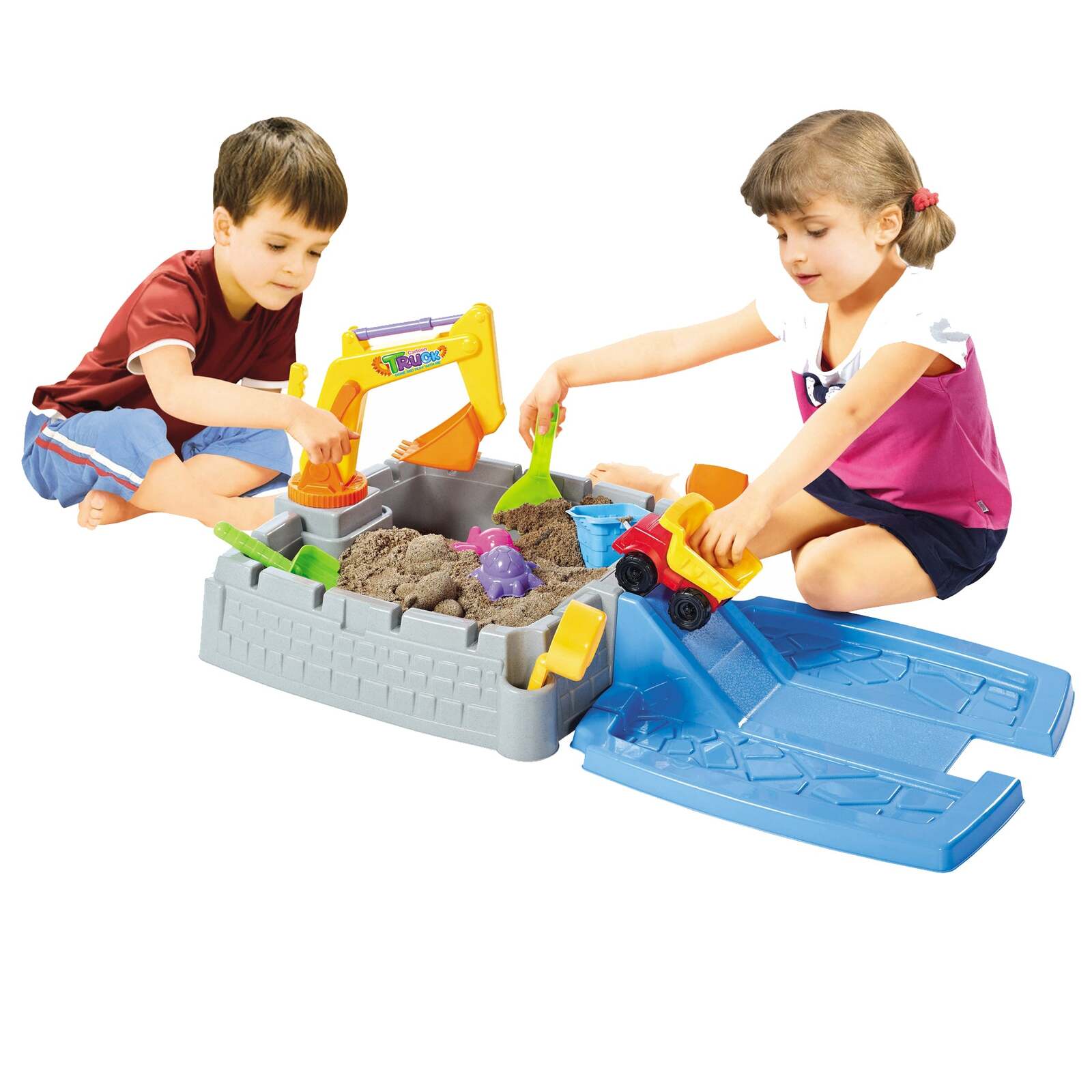 Colorful sand box playset with built-in cover for outdoor fun in kids backyard play area.