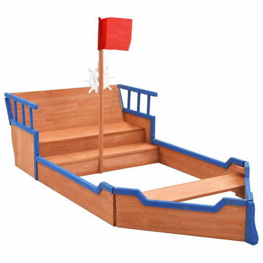 Firwood Pirate Ship Sandbox with seating and flag pole, perfect for imaginative play at home.