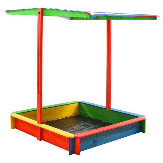 Wooden sandbox with adjustable roof ideal for backyard play and sun protection.