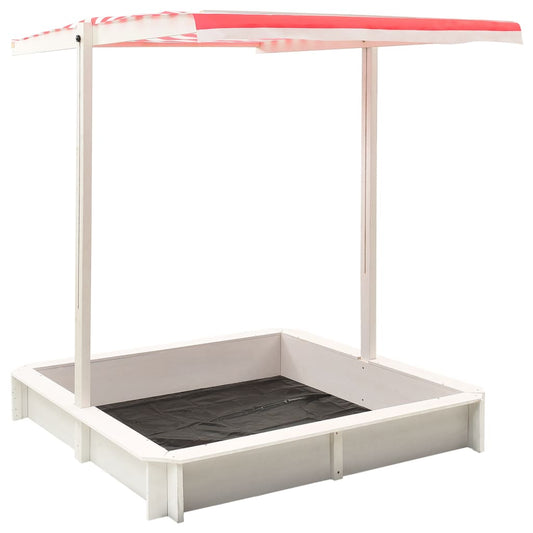 Wooden sandbox with adjustable canopy for fun outdoor play in childrens backyard.