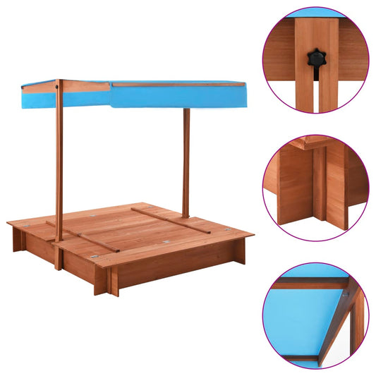 Wooden sandbox with adjustable roof and lid for versatile outdoor play at home.