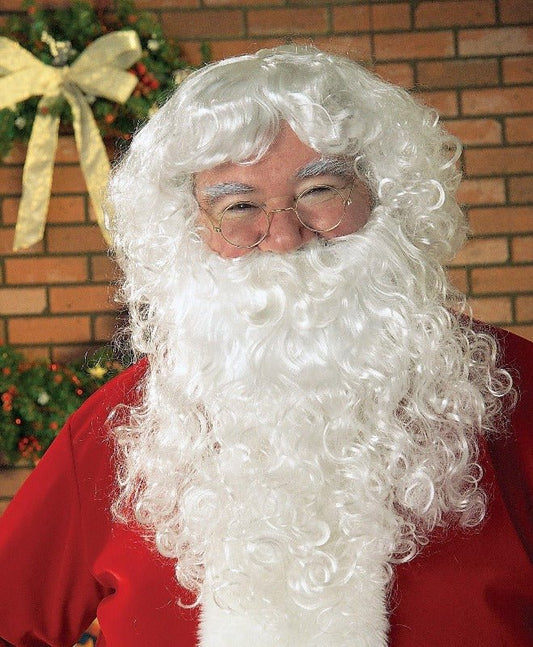 Santa Claus grey beard and wig set for adults, ideal for festive childrens costumes.