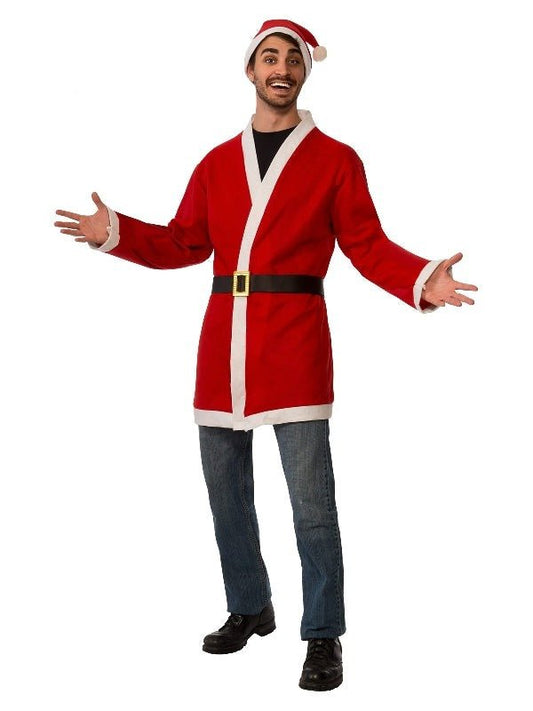 Adult Santa costume set with festive jacket and hat, perfect for Christmas celebrations at home.