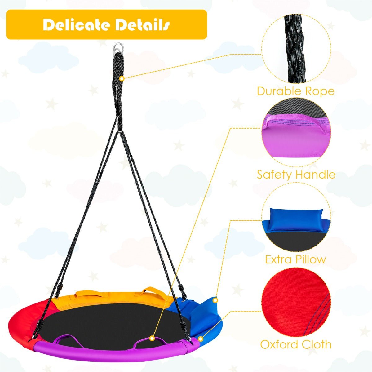 Kids colourful Tree Swing: Round Saucer Platform with Cozy Pillow