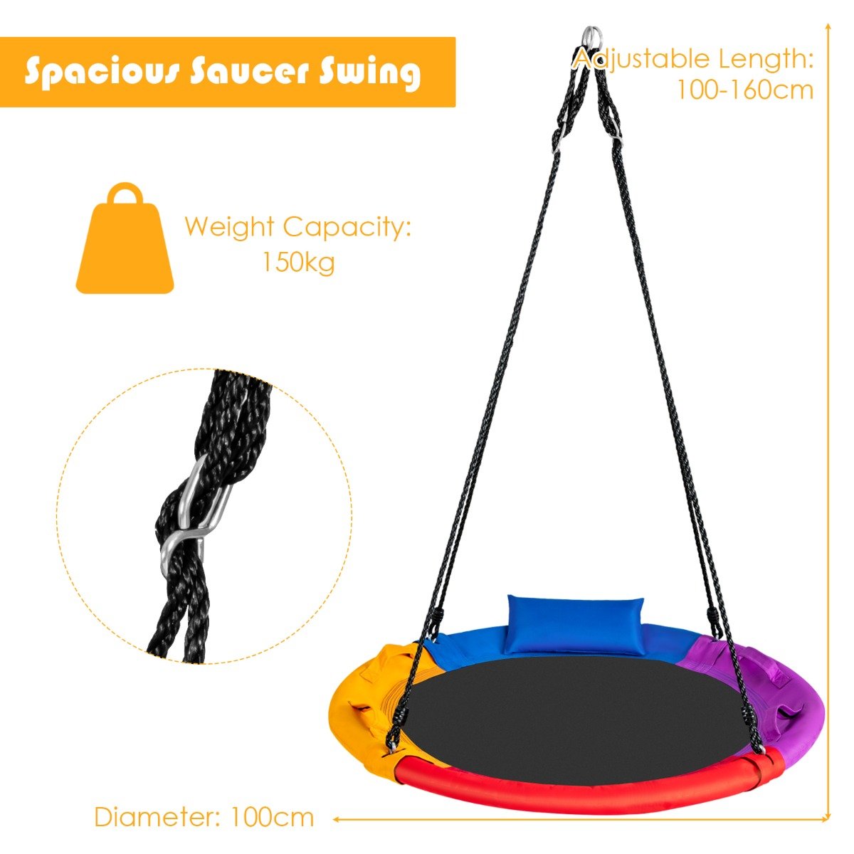 Round Platform Swing for Kids: colourful Saucer with Comfy Pillow