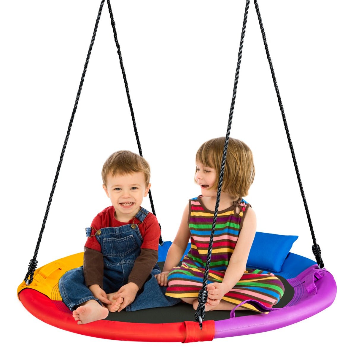 colourful Round Platform Swing: Outdoor Joy for Kids with Pillow