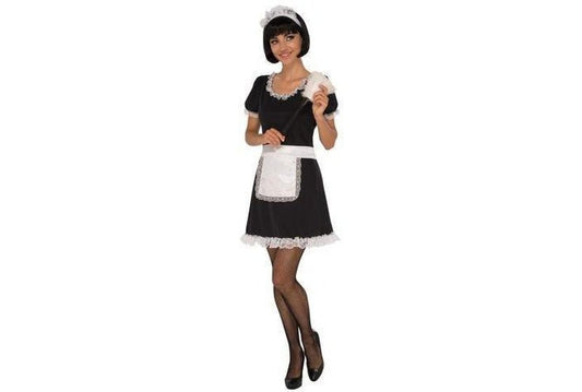 Saucy maid costume set for adults | includes dress, apron, and headpiece for playful home roleplay.