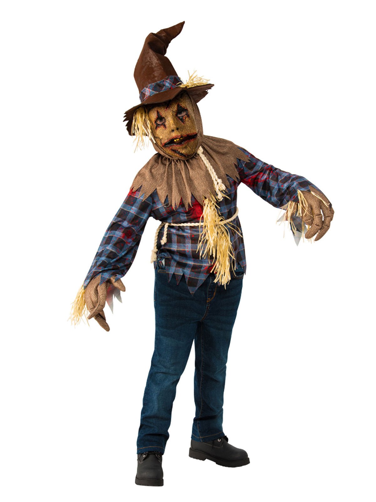 Colorful Patchwork Scarecrow Halloween Costume for Kids, includes 5 Pieces. Perfect for festive fun.