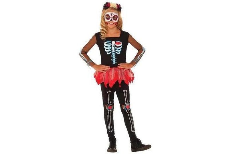 Glow-in-dark skeleton tutu costume for girls, perfect for spooky fun at home.