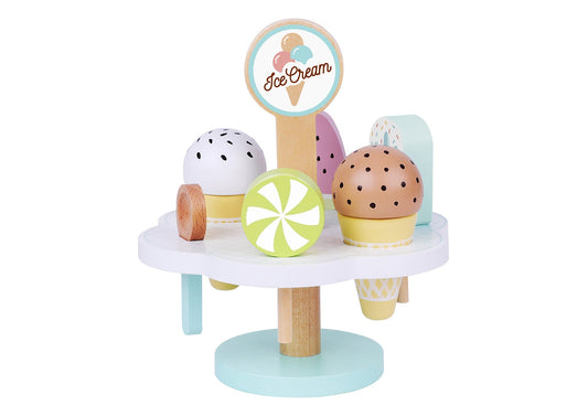 Wooden ice cream set for imaginative play, includes scooper, cones, and toppings for kids.