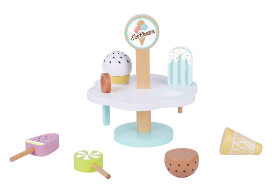 Wooden ice cream set for imaginative play, perfect for kids pretend kitchens and playtime.