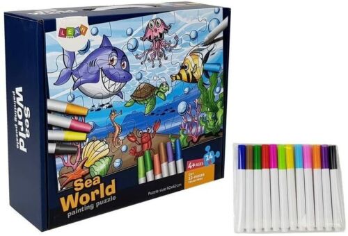 Sea World painting puzzle set with markers for creative kids aged 4 and up.