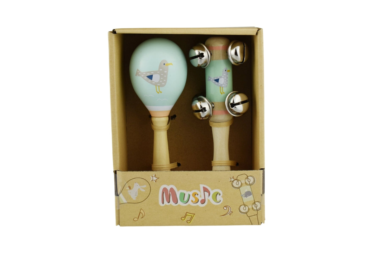 Wooden maraca and bell stick set for kids, featuring seagull design. Music playtime fun.