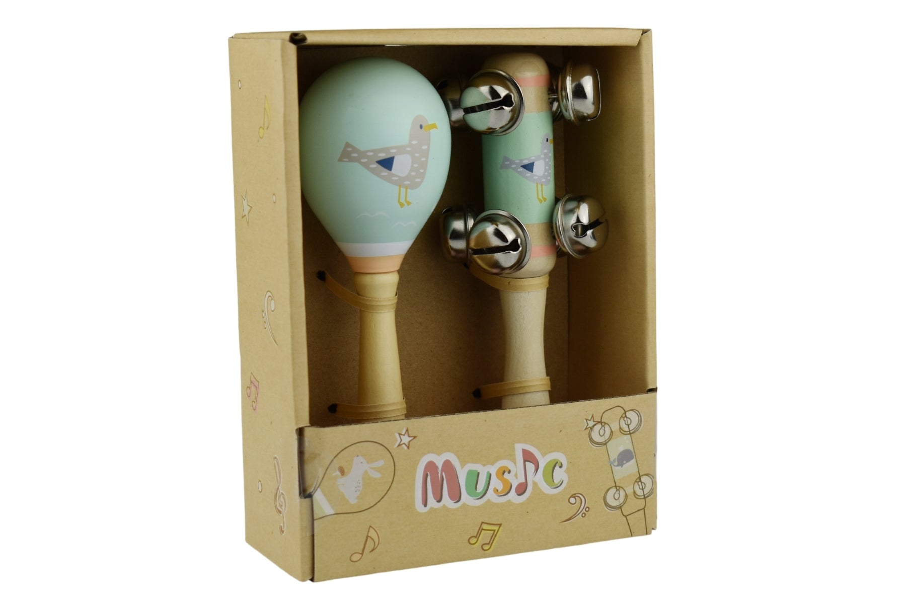 Seagull wooden maraca and bell stick set for kids music play at home