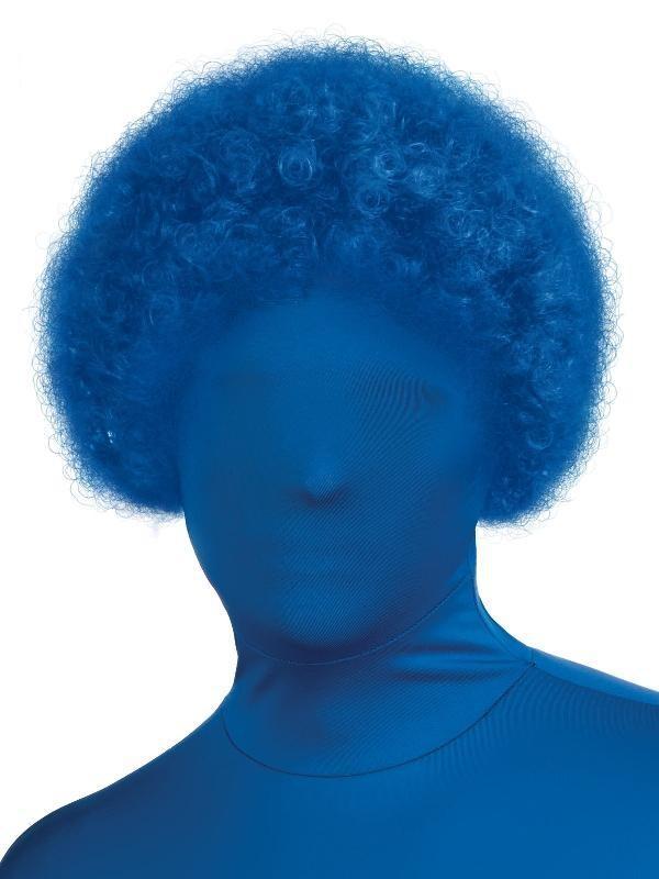 Blue Afro wig with curly texture ideal for sports and costume events for kids.