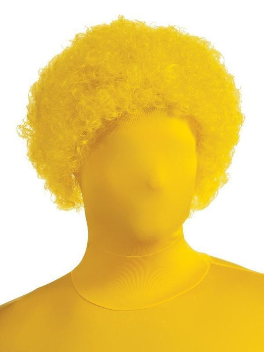 Vibrant yellow kids Afro wig, perfect for costumes and creative play at home.