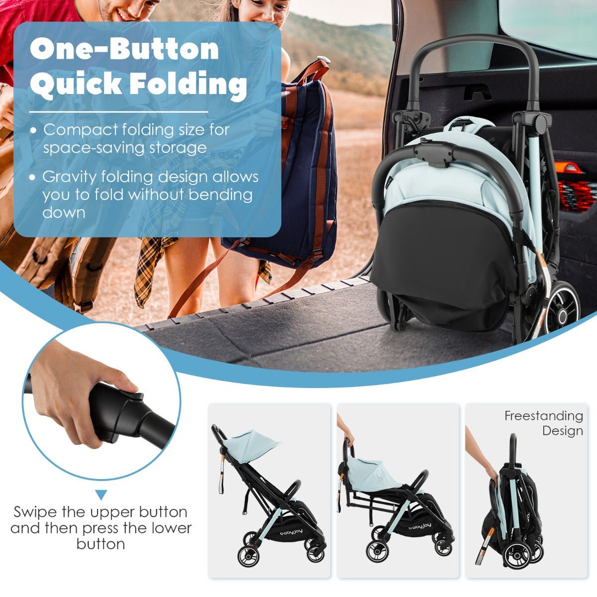 Versatile Blue Self Standing Stroller for Infants