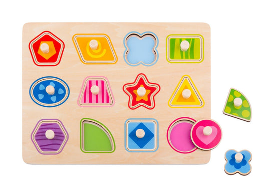 Colorful wooden shape peg puzzle for kids cognitive development and learning at home.