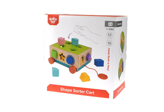 Colorful shape sorter cart with wheels for toddlers to practice shape recognition and motor skills.