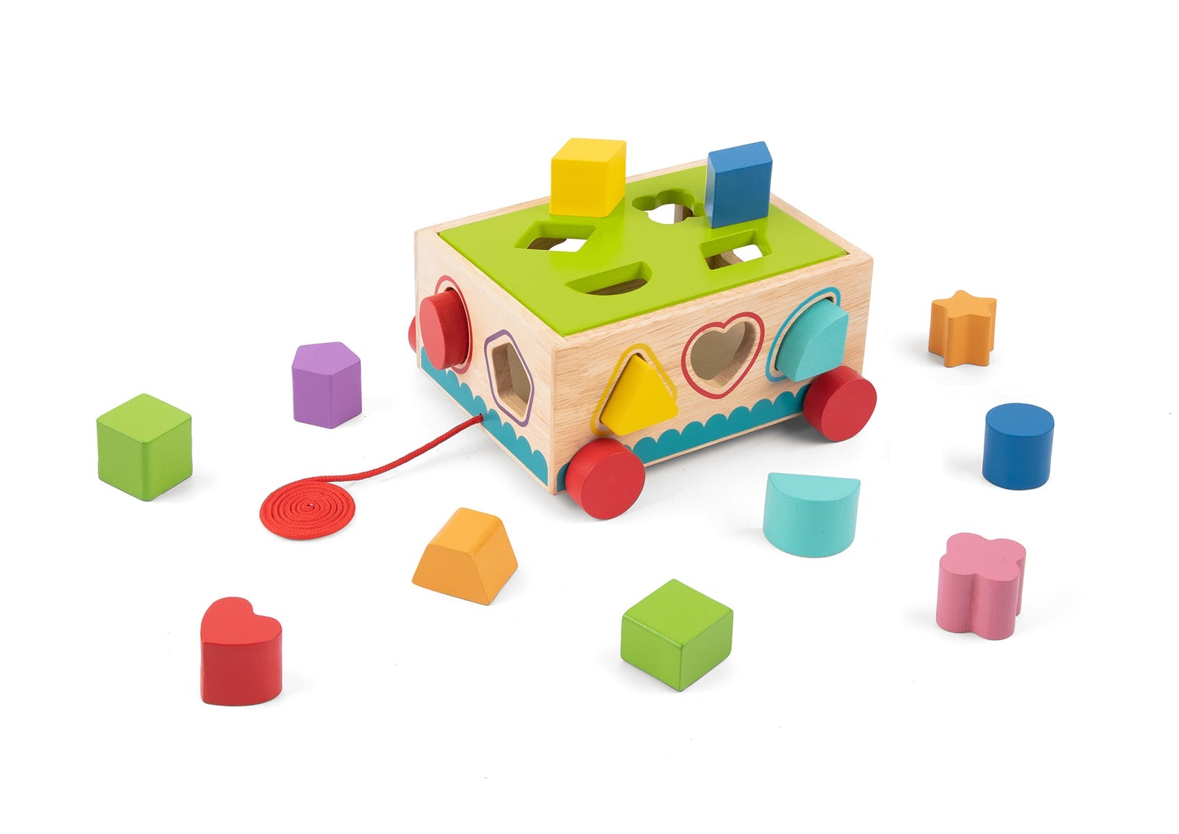 Colorful shape sorter cart for toddlers, enhances motor skills and cognitive development, fun playtime.