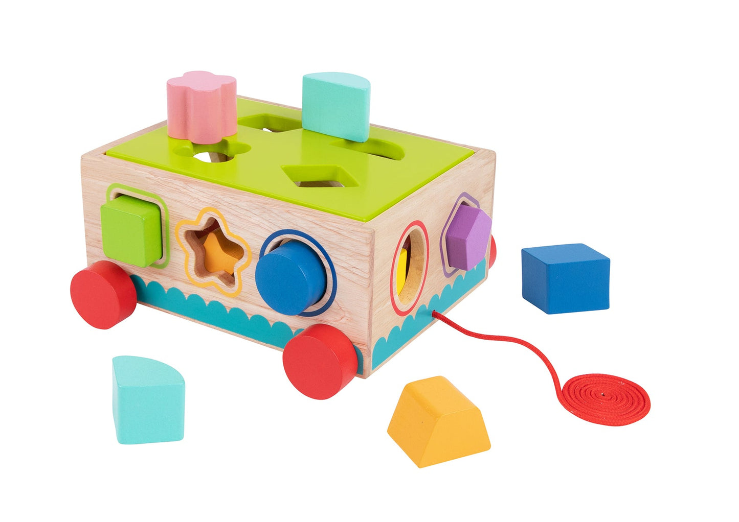 Wooden shape sorter cart for toddlers, promoting learning through shapes and colors at home.