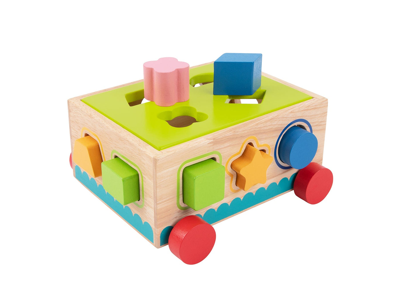 Colorful shape sorter cart for toddlers, promoting motor skills and cognitive development at home.