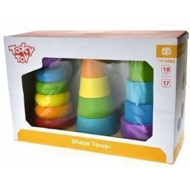 Colorful wooden stacking block set for kids, promoting shape recognition and fine motor skills.