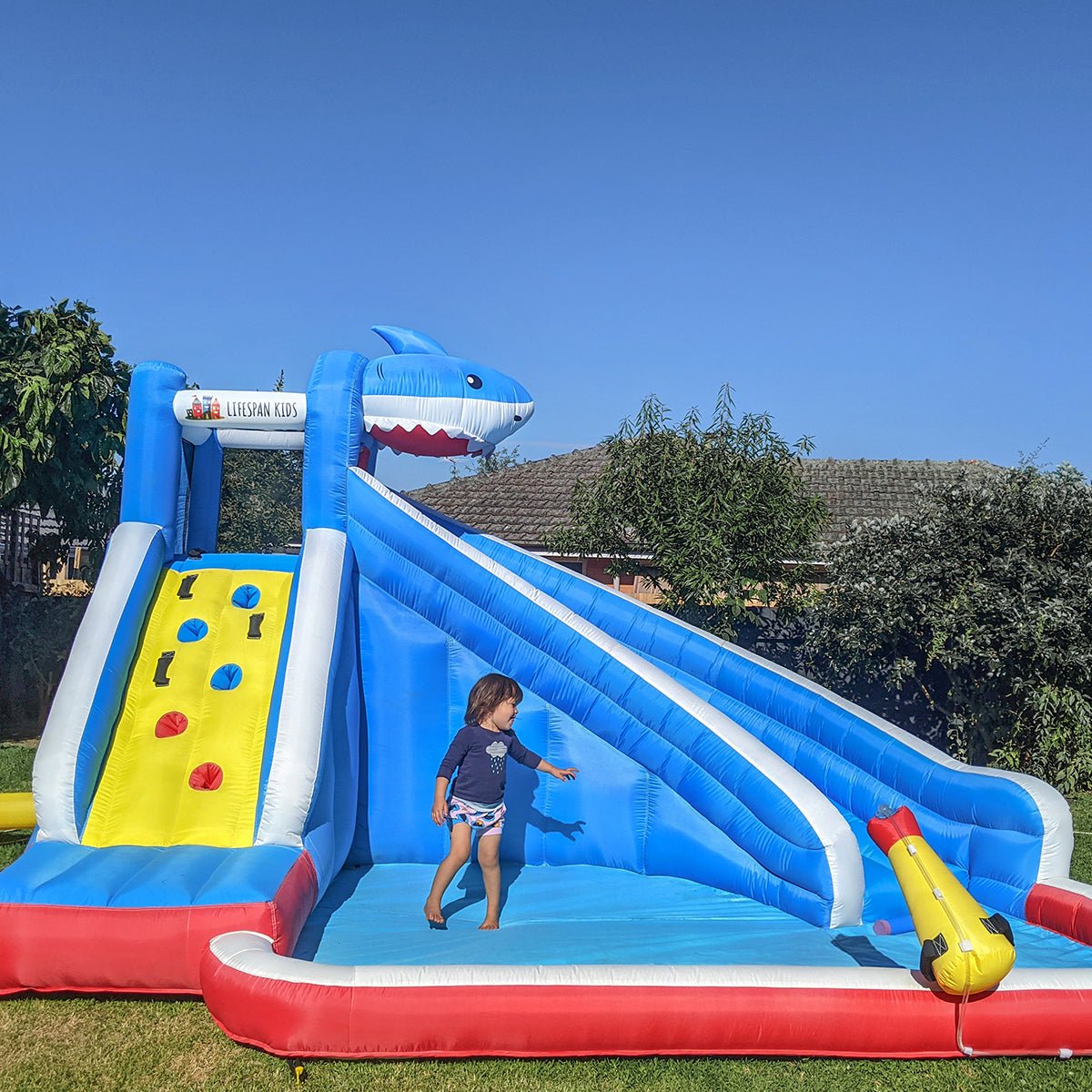 Sharky Water Slide and Splash | Kids outdoor inflatable play equipment, perfect for home fun.