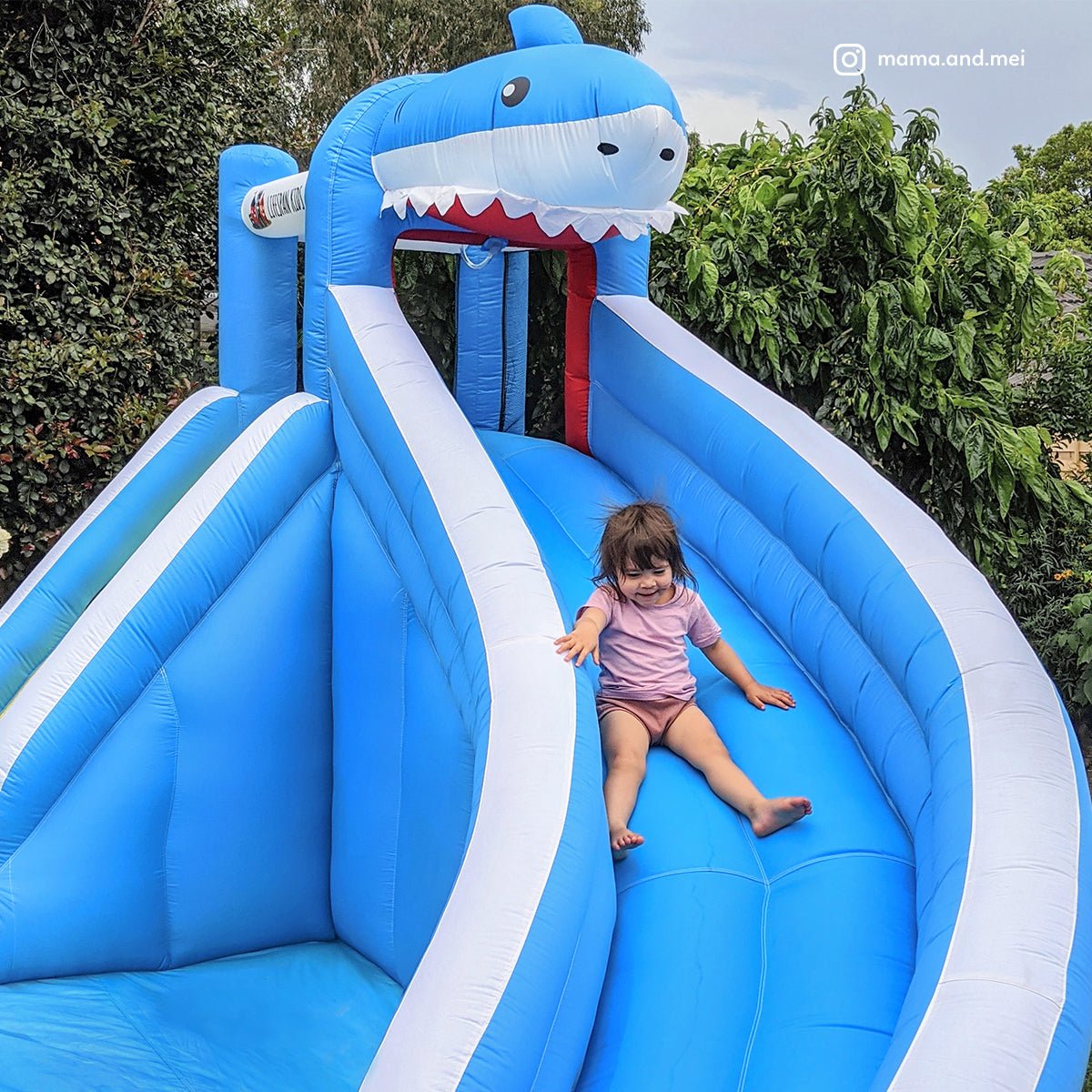 Inflatable Sharky Water Slide and Splash play equipment for kids, perfect for summer fun at home.