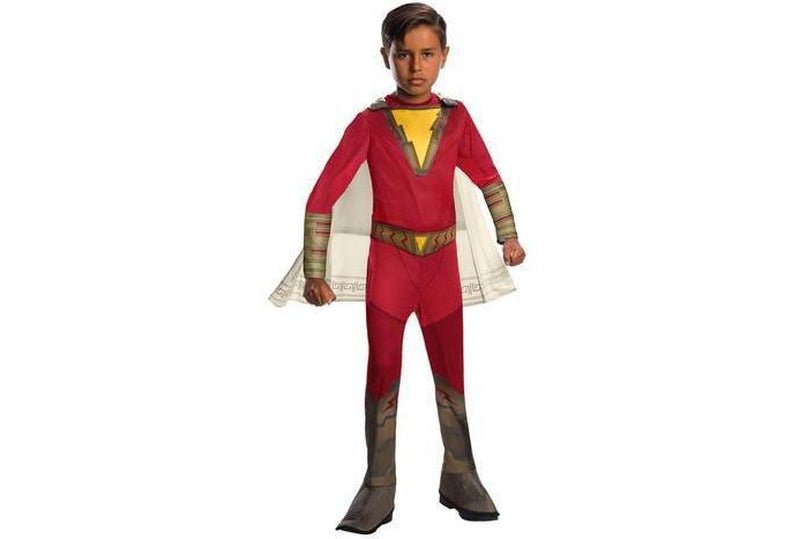 DC Comics Shazam child costume with cape and belt, ideal for dress-up play at home.