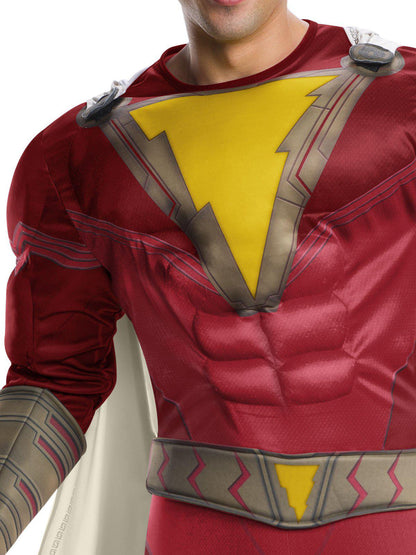 Shazam adult deluxe costume for DC Comics superhero fans, perfect for kids dress-up play.