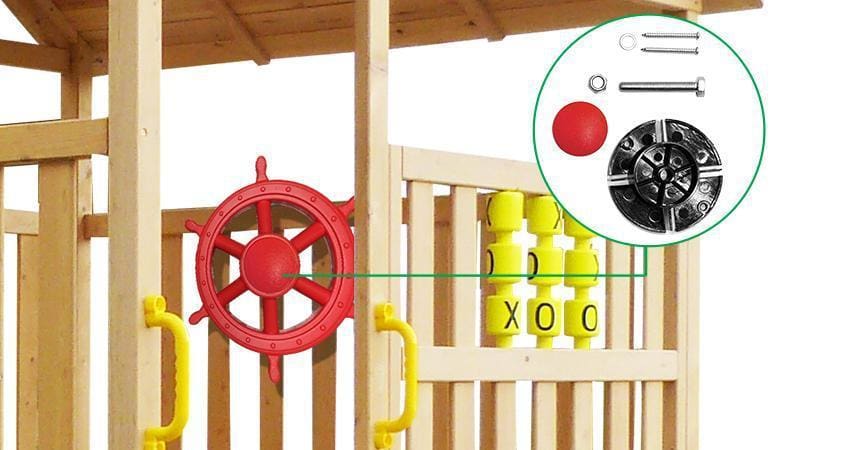 Colorful red ship steering wheel toy for fun outdoor play equipment at home.