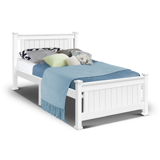 White wooden bed frame for kids room, single size, perfect for childrens bedroom decor.