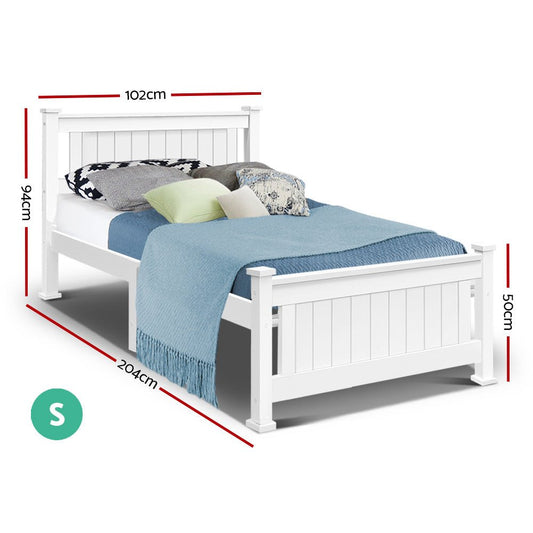 White wooden bed frame for single size, perfect for childrens bedrooms. Simple, sturdy design.