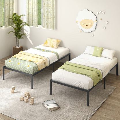 Metal platform bed frame with under-bed storage, perfect for kids bedroom organization.