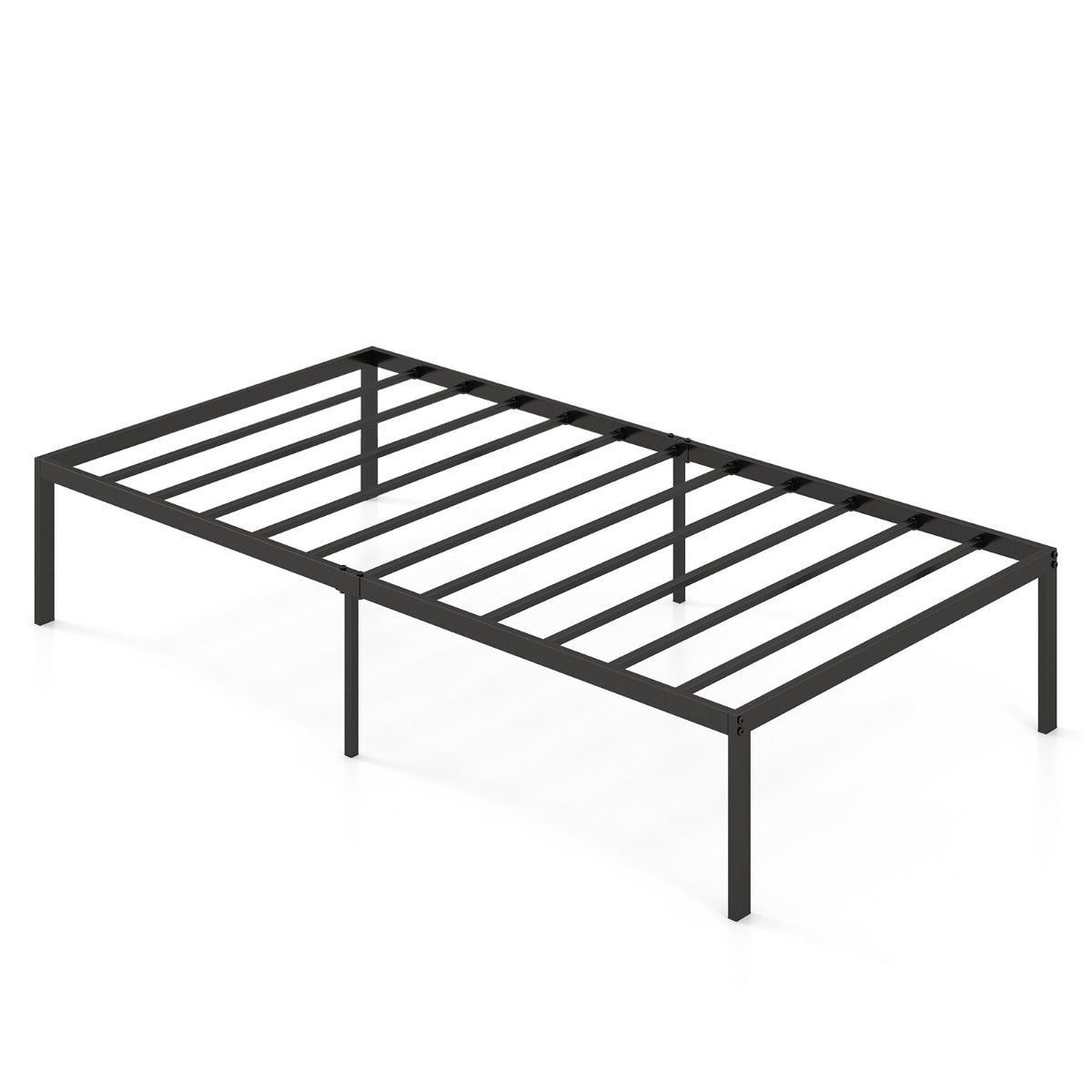 Metal platform bed frame with under-bed storage, ideal for kids rooms organization.