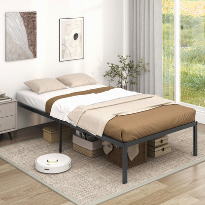 Kids metal platform bed frame with hidden storage, space-saving design for childs room.