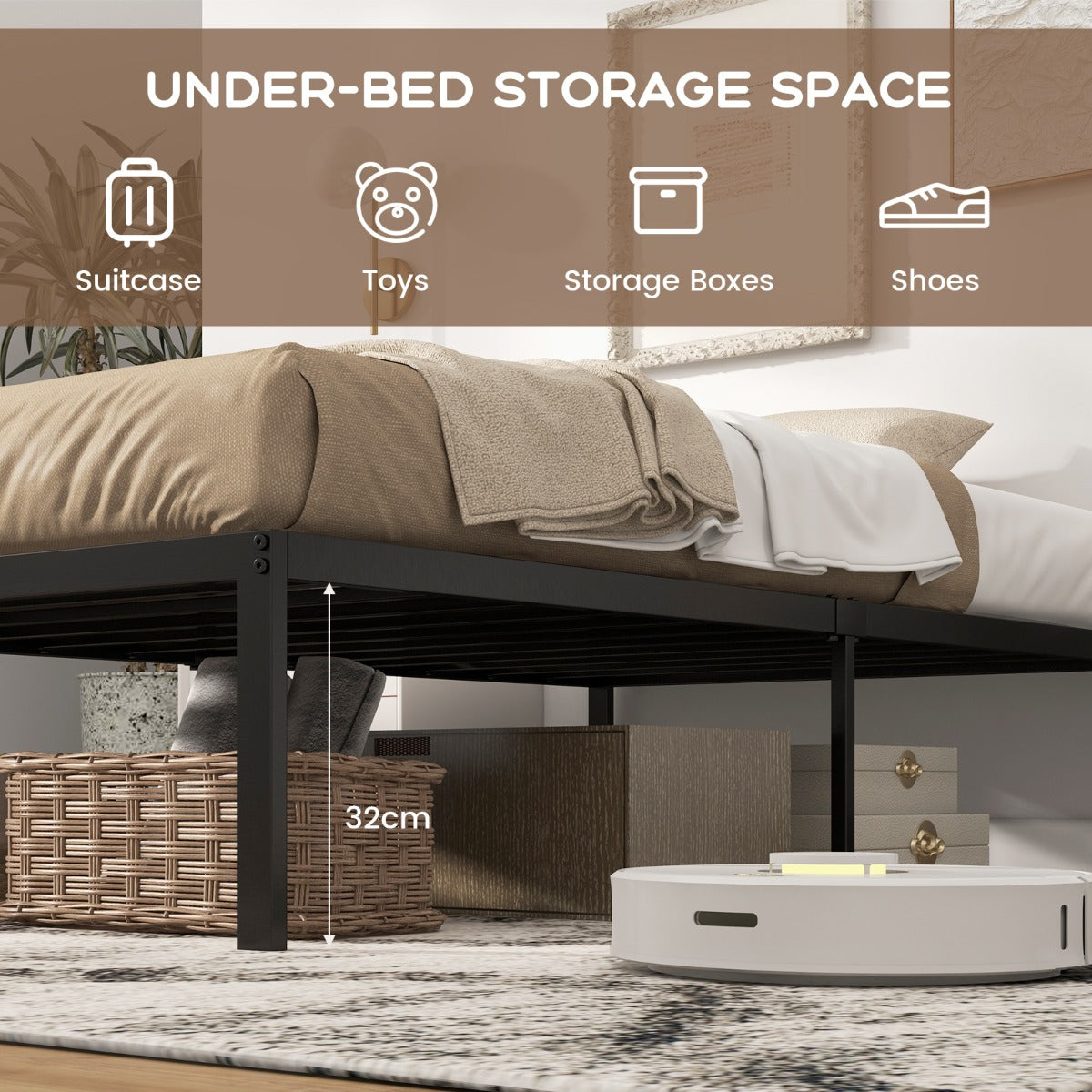 Metal platform bed frame with under-bed storage, perfect for childrens rooms.