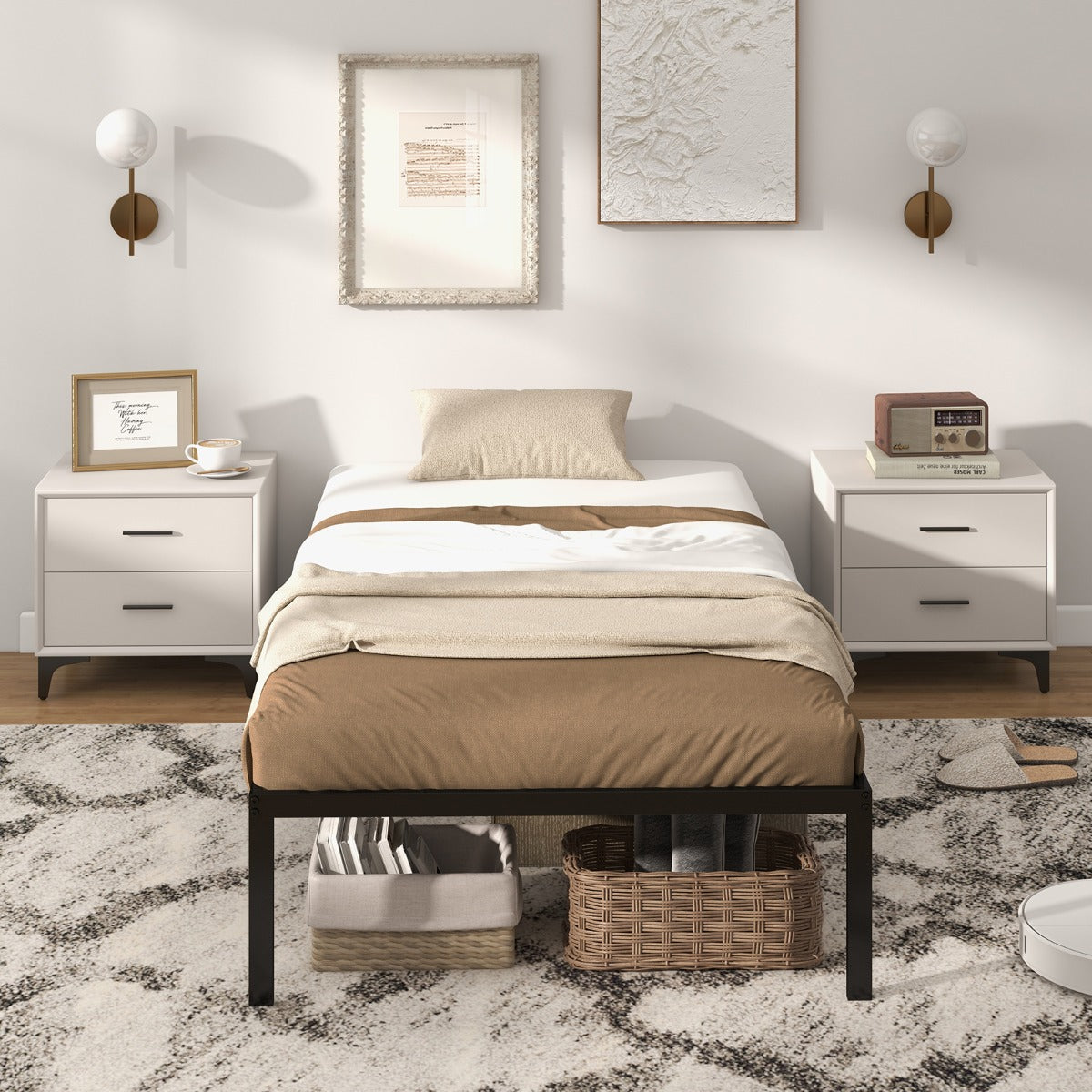 Modern metal bed frame with concealed under-bed storage for kids rooms, optimizing space.