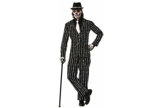 Halloween Bone Print Pinstripe Suit for Adults, perfect for spooky dress-up fun at home.