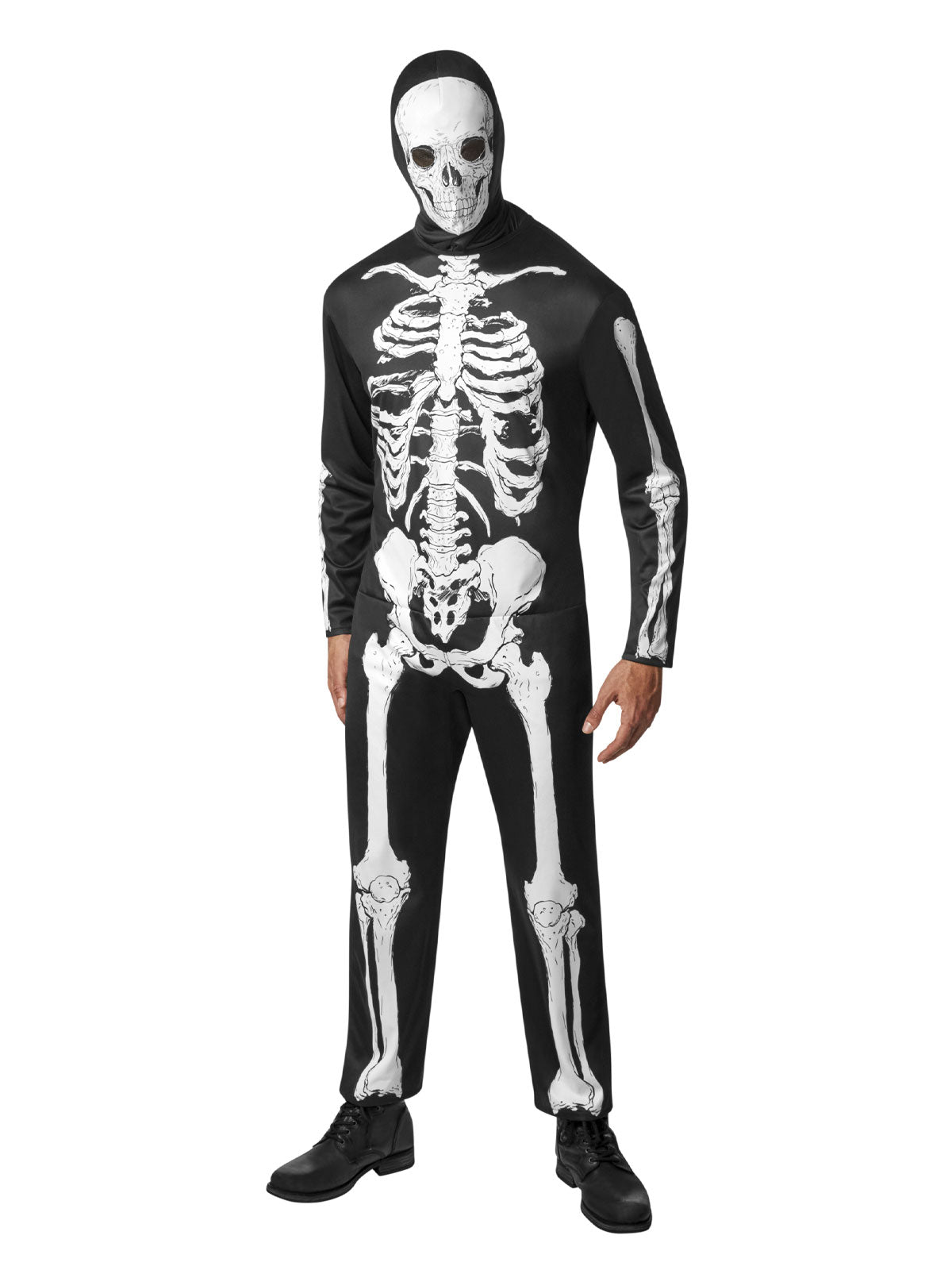 Adult skeleton jumpsuit costume for Halloween, realistic design, perfect for childrens dress-up play.