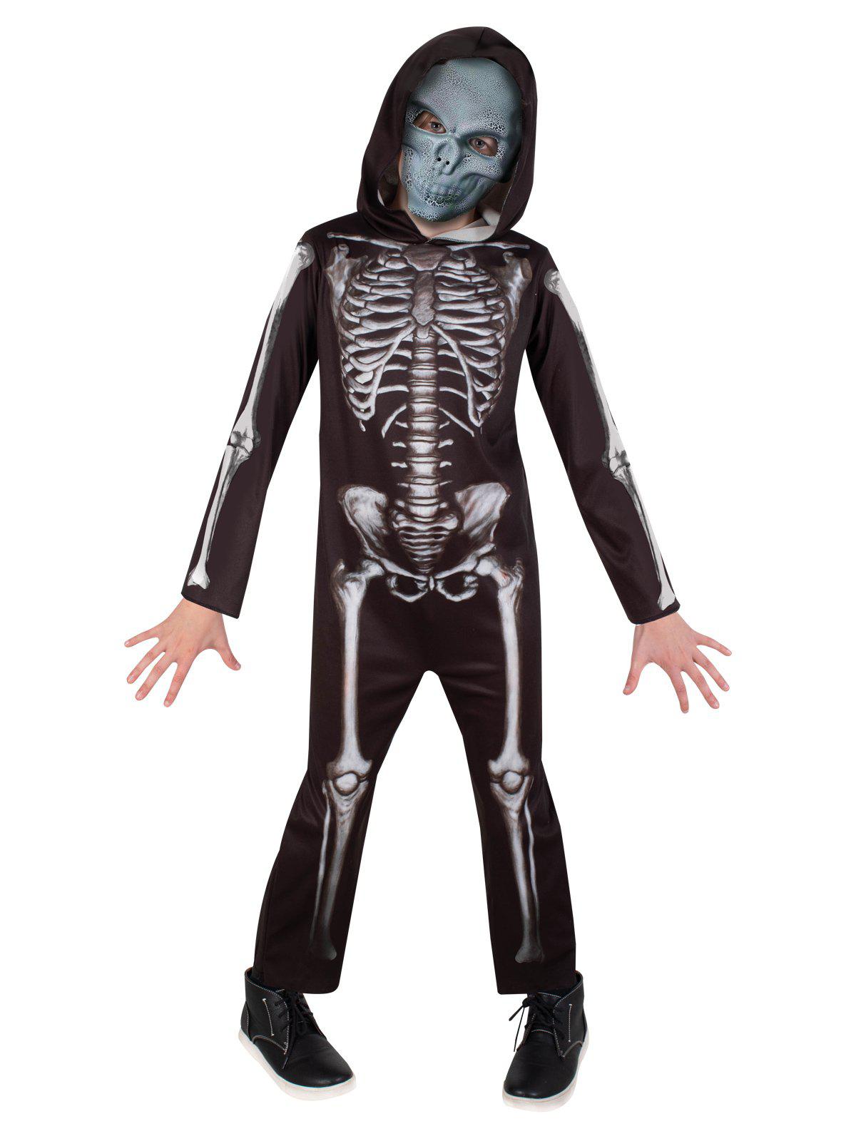 Kids skeleton jumpsuit costume with hood and mask for spooky Halloween dress-up fun at home.
