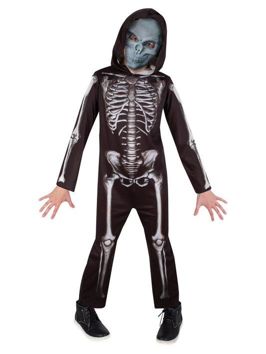 Kids skeleton jumpsuit costume with hood and mask for spooky Halloween dress-up fun at home.